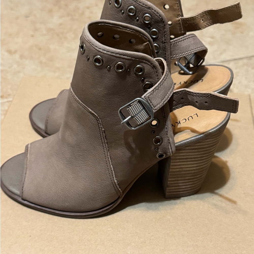 Lucky Brand Tan Heeled Boots with Peep-Toe Design